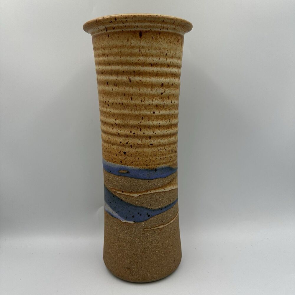 Vintage Studio Pottery Stoneware Vase Ribbed Blue Brown Handmade Ceramic 12”